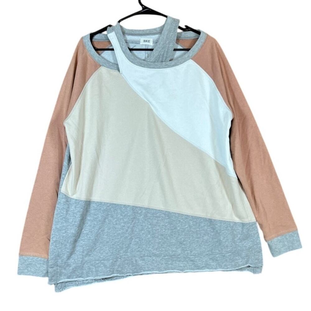 BKE Womens Sweater Gray MultiColor Block Side Slits M/L